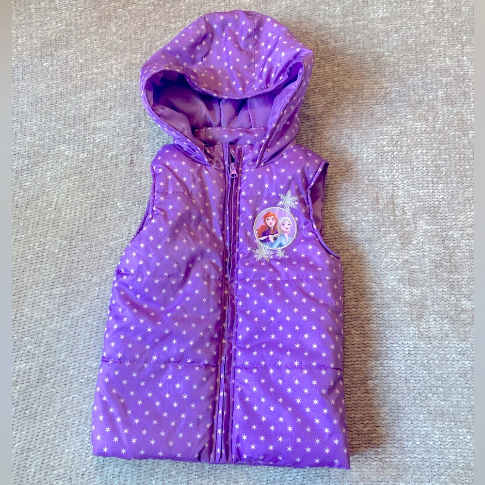 Disney Frozen 2 Girls Purple Hooded Puffer Vest Anna Elsa Snowflake Medium